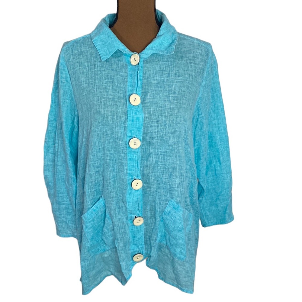 Ethyl Clothing Turquoise blue lagenlook linen blend chunky button shirt size M